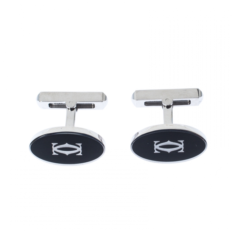 Pre Owned Cartier Double C Logo Decor Silver Oval Cufflinks 