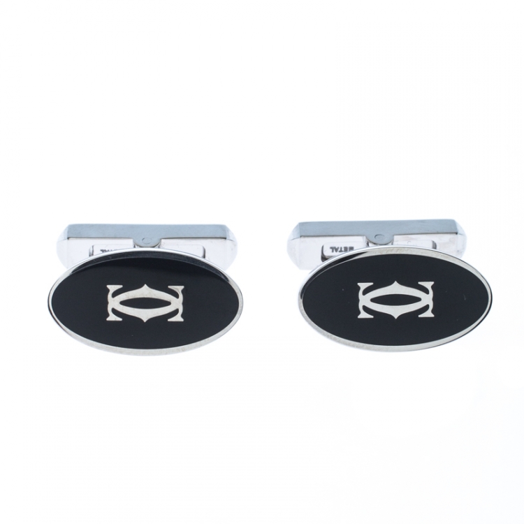 Pre Owned Cartier Double C Logo Decor Silver Oval Cufflinks 