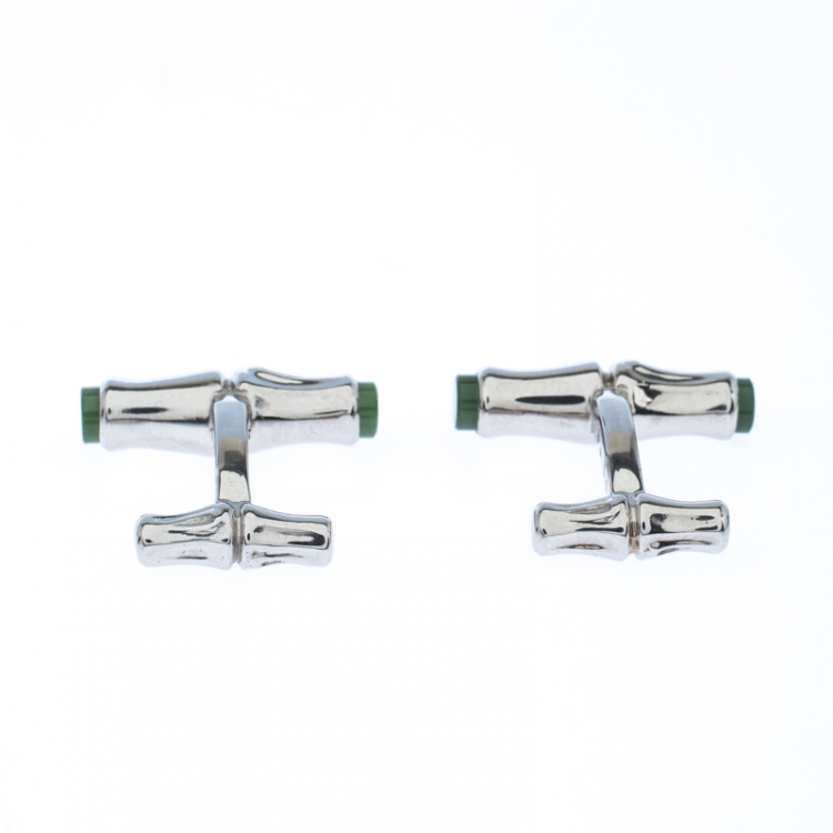 Pre Owned Cariter Bamboo Decor Green Stone Inlay Silver Cufflinks