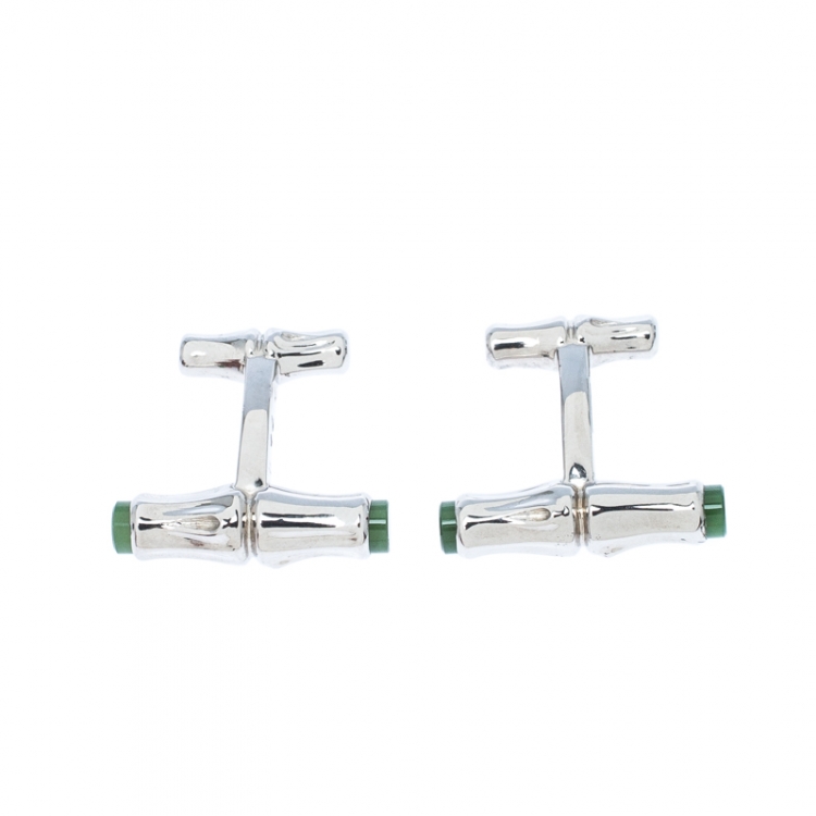 Pre Owned Cariter Bamboo Decor Green Stone Inlay Silver Cufflinks