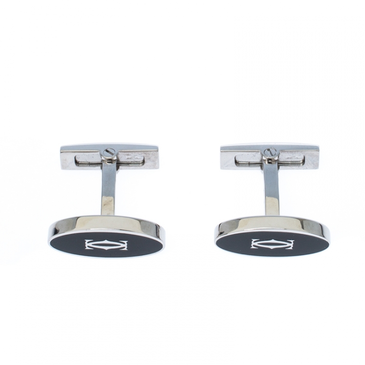 Pre Owned Cartier Double C Logo Decor Silver Oval Cufflinks