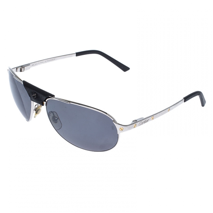 Pre Owned Cartier Silver Santos De Cartier Polarized Aviator Sunglasses