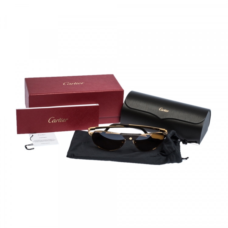 Pre Owned Cartier Brush Gold/Black AAD2994 Polarized Santos De Cartier Sunglasses
