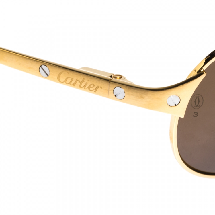 Pre Owned Cartier Brush Gold/Black AAD2994 Polarized Santos De Cartier Sunglasses