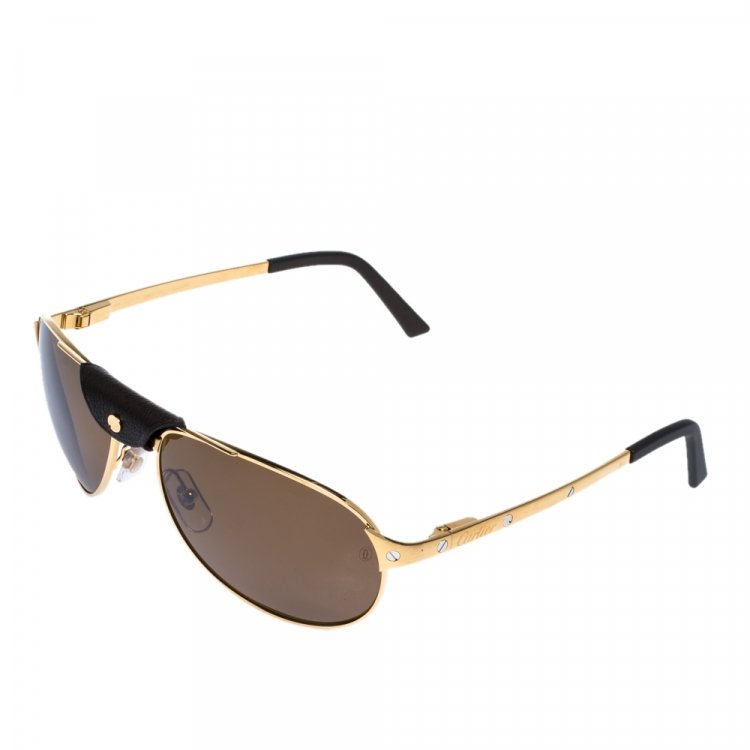 Pre Owned Cartier Brush Gold/Black AAD2994 Polarized Santos De Cartier Sunglasses