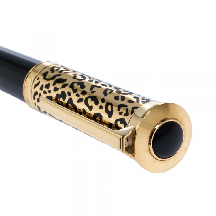 Pre Owned Cartier Art Deco Panthere Spots Black Resin Gold Tone Rollerball Pen