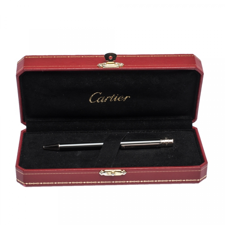 Pre Owned Cartier Santos De Cartier Black Lacquer Palladium Plated Ballpoint Pen