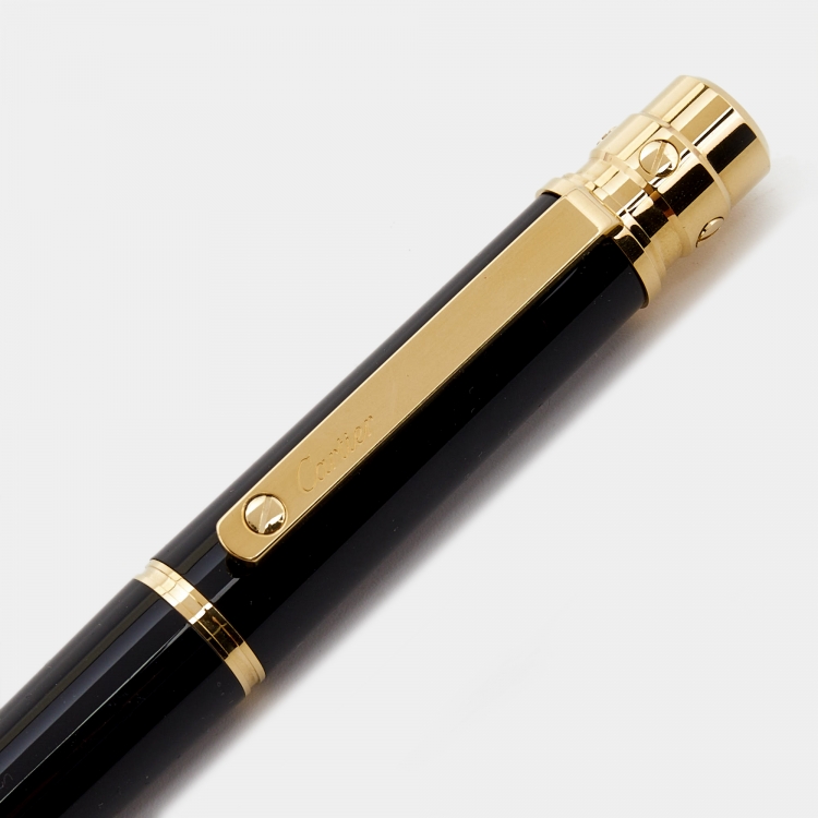 Pre Owned Cartier Santos de Cartier Black Lacquer Gold Finish Rollerball Pen