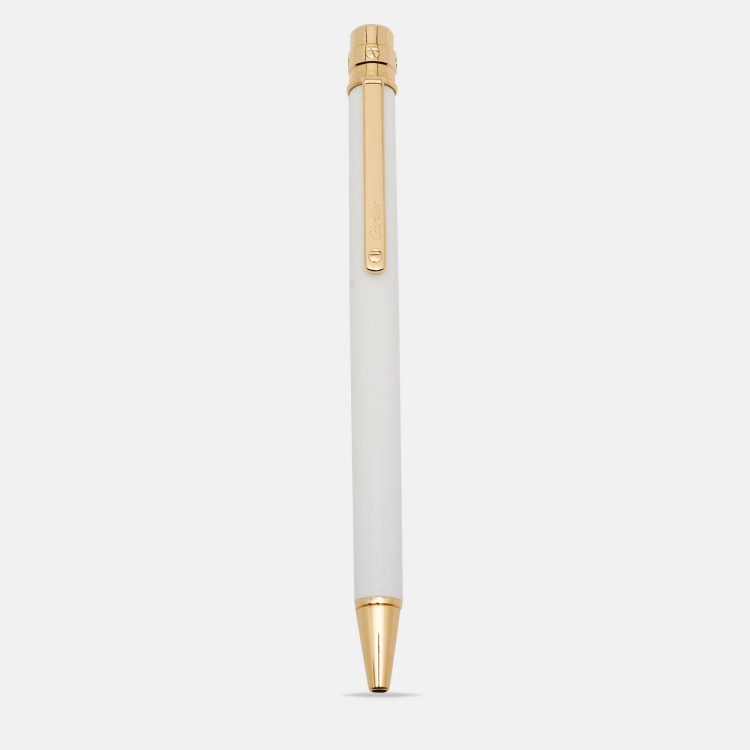 Pre Owned Cartier  Santos de Cartier White Lacquer Gold Tone Ballpoint Pen
