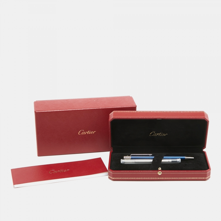 Pre Owned Cartier Santos de Cartier Blue Lacquer Silver Tone Ballpoint Pen