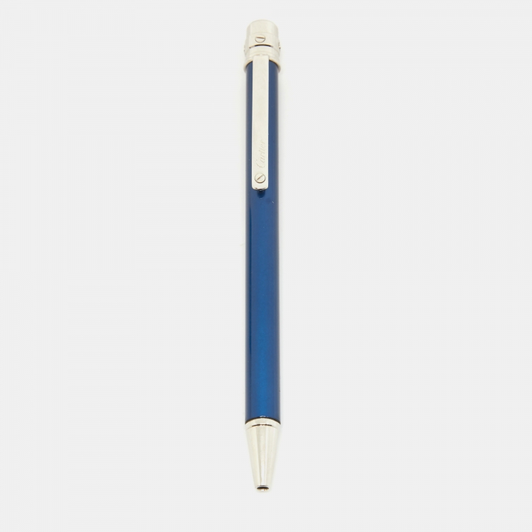 Pre Owned Cartier Santos de Cartier Blue Lacquer Silver Tone Ballpoint Pen