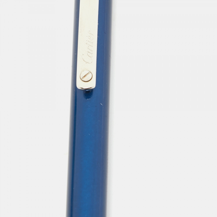 Pre Owned Cartier Santos de Cartier Blue Lacquer Silver Tone Ballpoint Pen