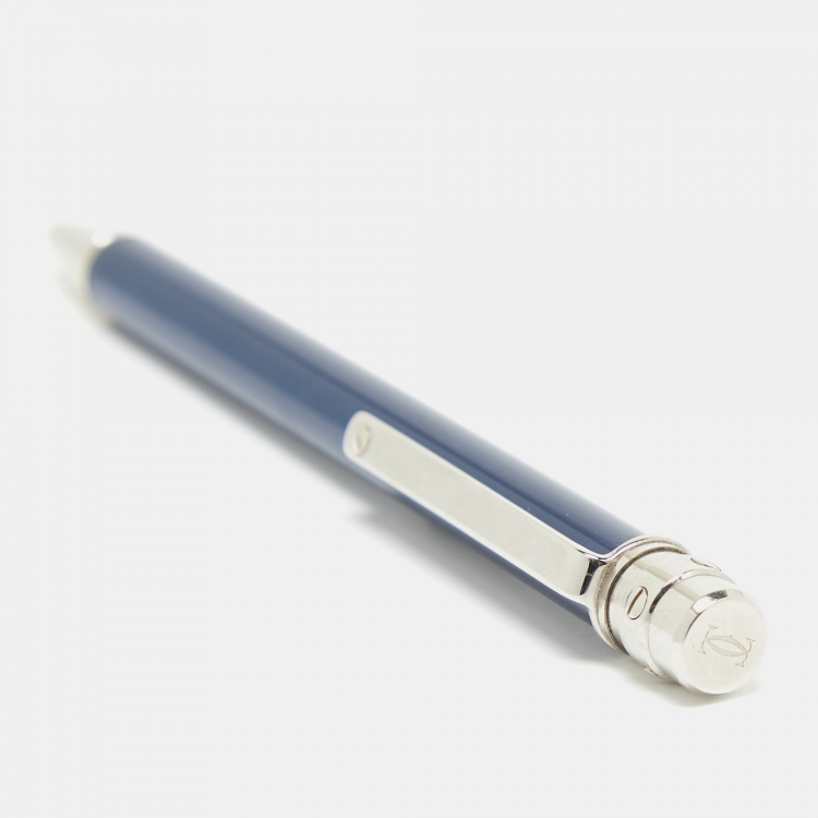 Pre Owned Cartier Santos de Cartier Blue Lacquer Silver Tone Ballpoint Pen