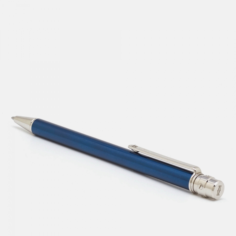 Pre Owned Cartier Santos de Cartier Blue Lacquer Silver Tone Ballpoint Pen