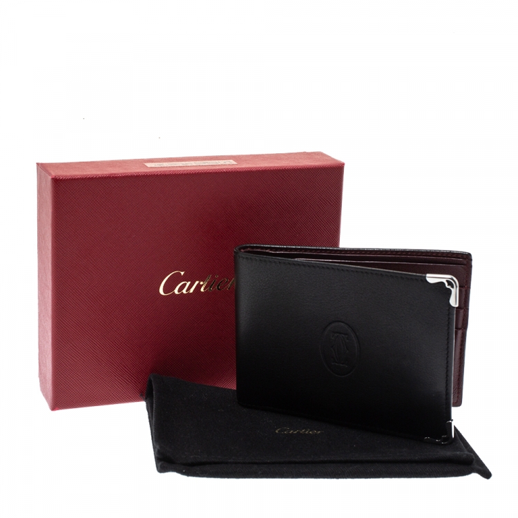 Pre Owned Cartier Black Leather Must De Cartier 6CC Bifold Wallet