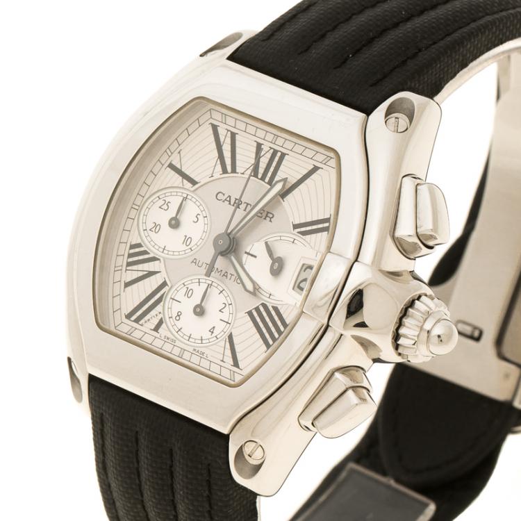 Pre Owned Cartier White and Silver Tone Dial Stainless Steel Roadster Men's Wristwatch 40 mm