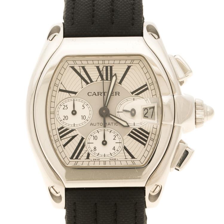 Pre Owned Cartier White and Silver Tone Dial Stainless Steel Roadster Men's Wristwatch 40 mm
