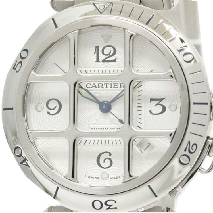 Pre Owned Cartier Silver White Stainless Steel Pasha 2379 Men's Wristwatch 38 mm