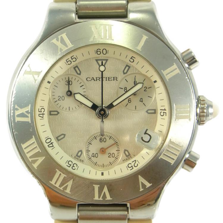 Pre Owned Cartier Off White Stainless Steel Must 21 Chronoscaph Date W10184U2 Men's Wristwatch 37MM