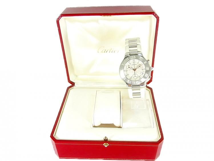 Pre Owned Cartier White Stainless Steel and Rubber Must 21 Chronoscaph 2424 Chronograph W10184U2 Men's Wristwatch 37MM