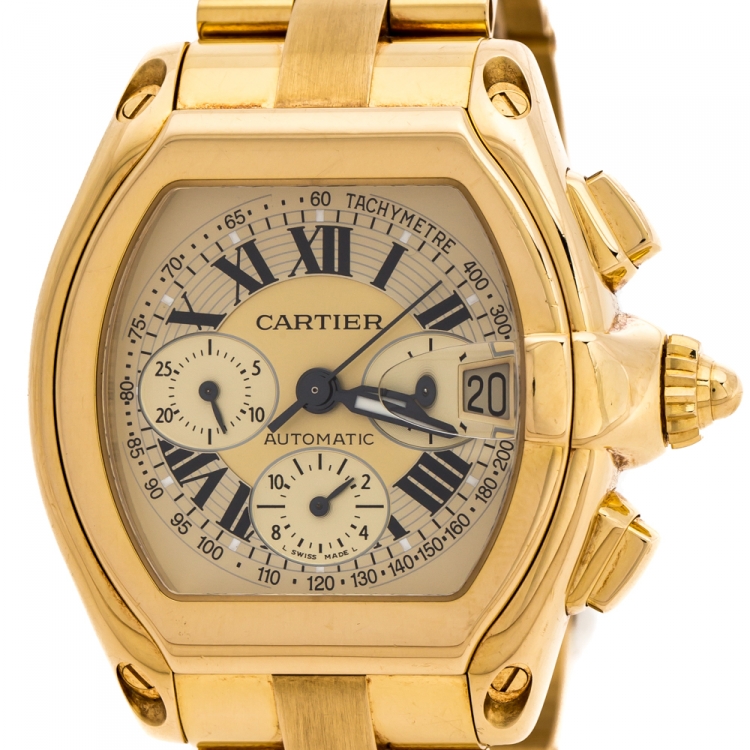 Pre Owned Cartier Champagne 18K Yellow Gold Roadster 2619 Men's Wristwatch 40 mm