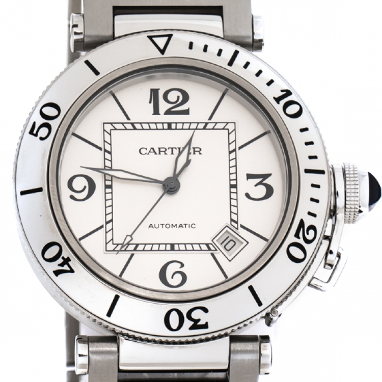 Pre Owned Cartier Silver White Stainless Steel Pasha Seatimer 2790 Men's Wristwatch 40 mm