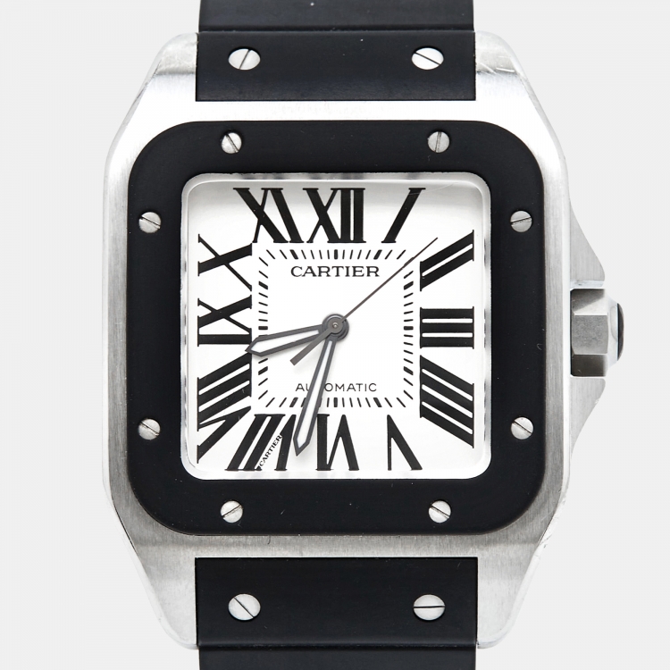 Pre Owned Cartier Silver Stainless Steel Rubber Santos 100 W20121U2 Men's Wristwatch 38 mm 