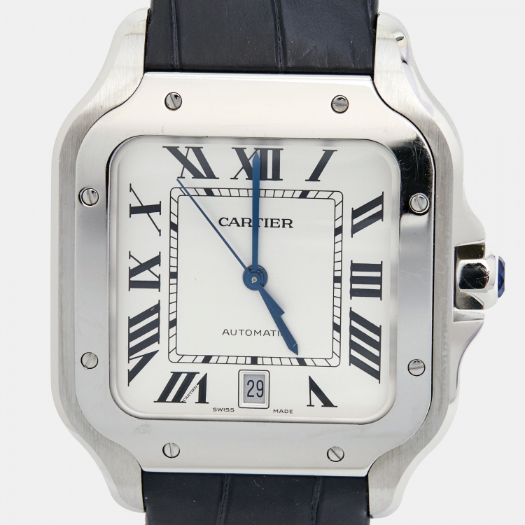 Pre Owned Cartier Silver Stainless Steel Alligator Leather Santos 4072 Men's Wristwatch 39.8 mm