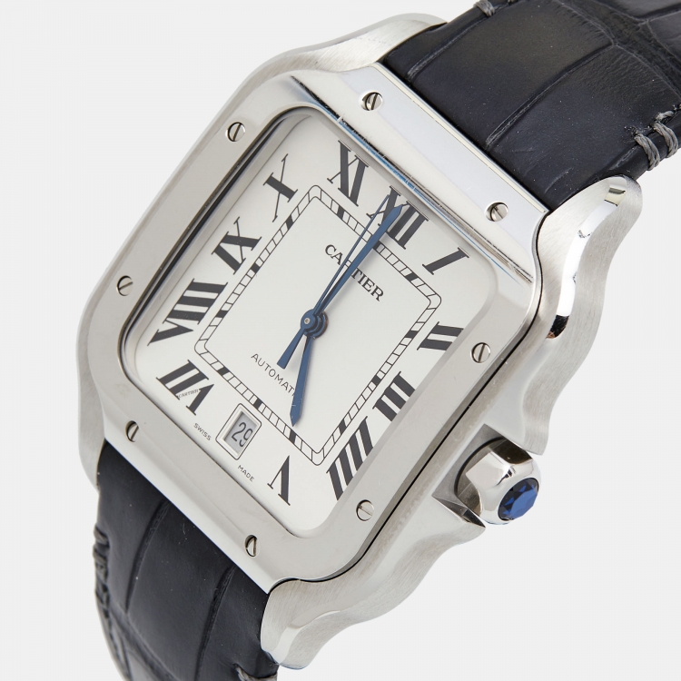 Pre Owned Cartier Silver Stainless Steel Alligator Leather Santos 4072 Men's Wristwatch 39.8 mm