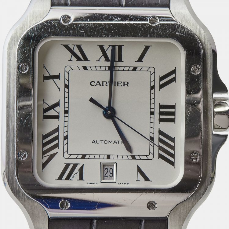 Pre Owned Cartier Silver Stainless Steel Alligator Leather Santos 4072 Men's Wristwatch 39.8 mm