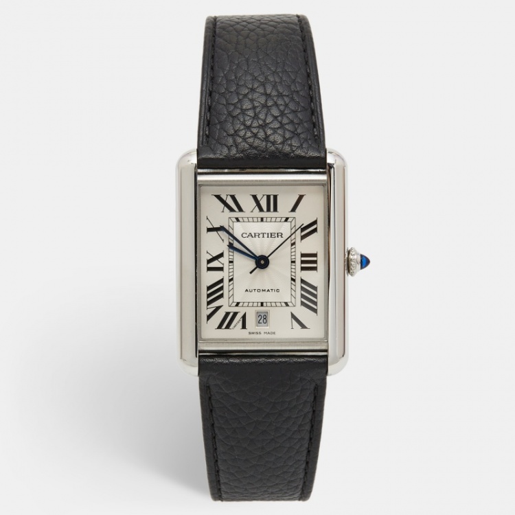 Pre Owned Cartier Silver Stainless Steel Leather Tank Must Extra Large WSTA0040 Unisex Wristwatch 31 mm