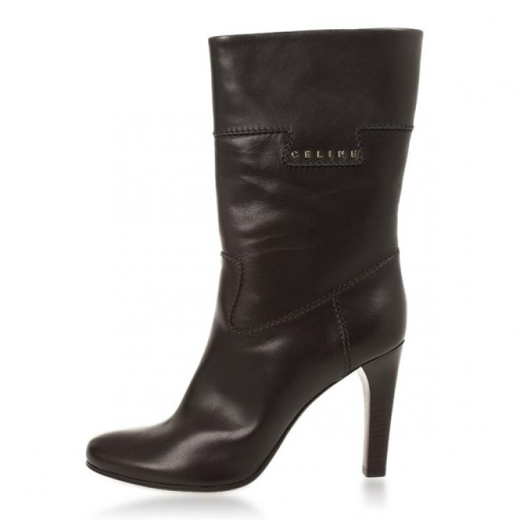 Pre Owned Celine Dark Brown Leather Logo Boots Size 40