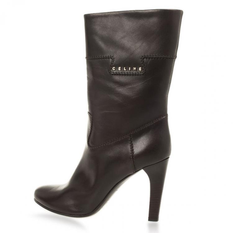 Pre Owned Celine Dark Brown Leather Logo Boots Size 40