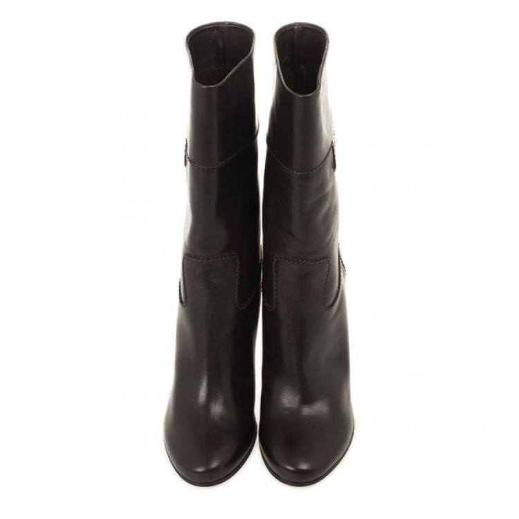 Pre Owned Celine Dark Brown Leather Logo Boots Size 40
