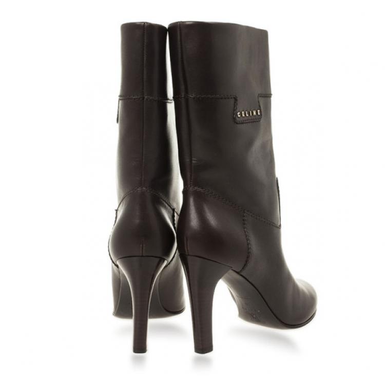 Pre Owned Celine Dark Brown Leather Logo Boots Size 40