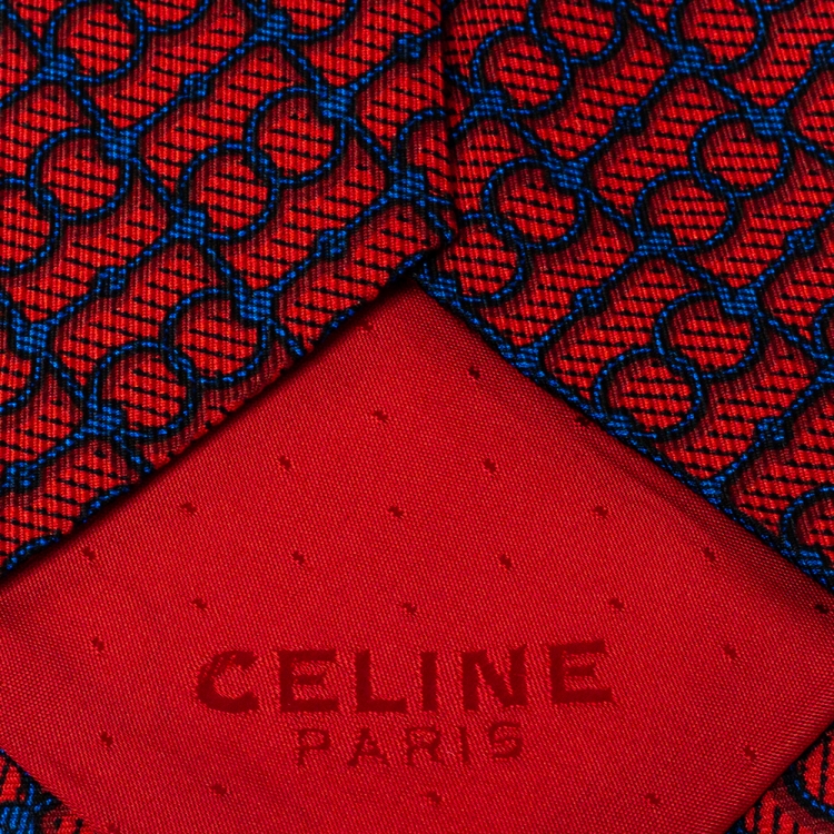 Pre Owned Celine Red & Navy Blue Chain Printed Silk Classic Tie