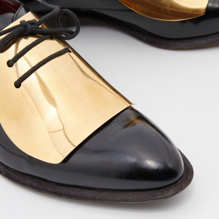 Pre Owned Celine Black/Gold Leather and Metal Plate Phoebe Philo Lace Up Derby Size 39