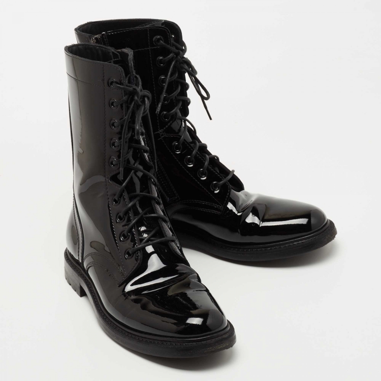 Pre Owned Celine Black Patent Leather Combat Boots Size 38