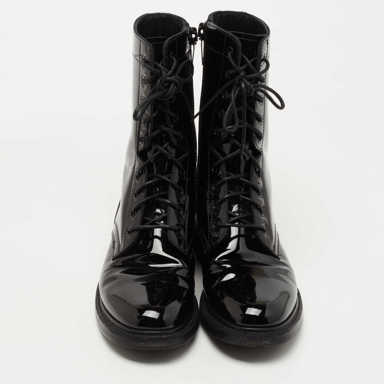 Pre Owned Celine Black Patent Leather Combat Boots Size 38