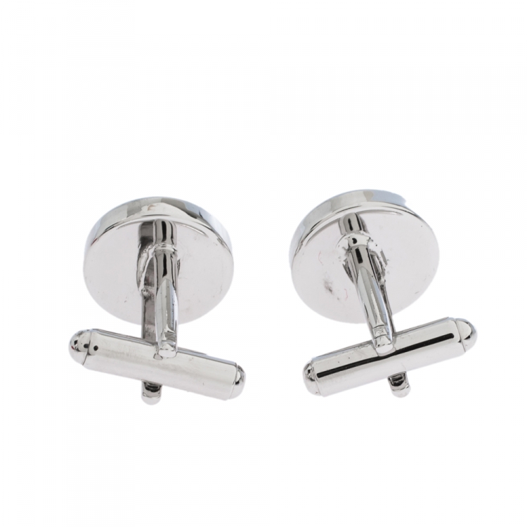 Pre Owned CH Carolina Herrera Logo Black Enamel Silver Tone Cufflinks
