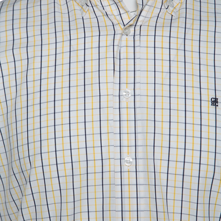 Pre Owned CH Carolina Herrera White Navy and Yellow Checked Cotton Shirt L