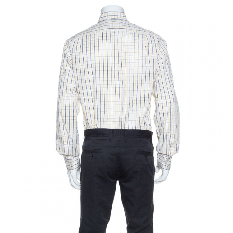 Pre Owned CH Carolina Herrera White Navy and Yellow Checked Cotton Shirt L