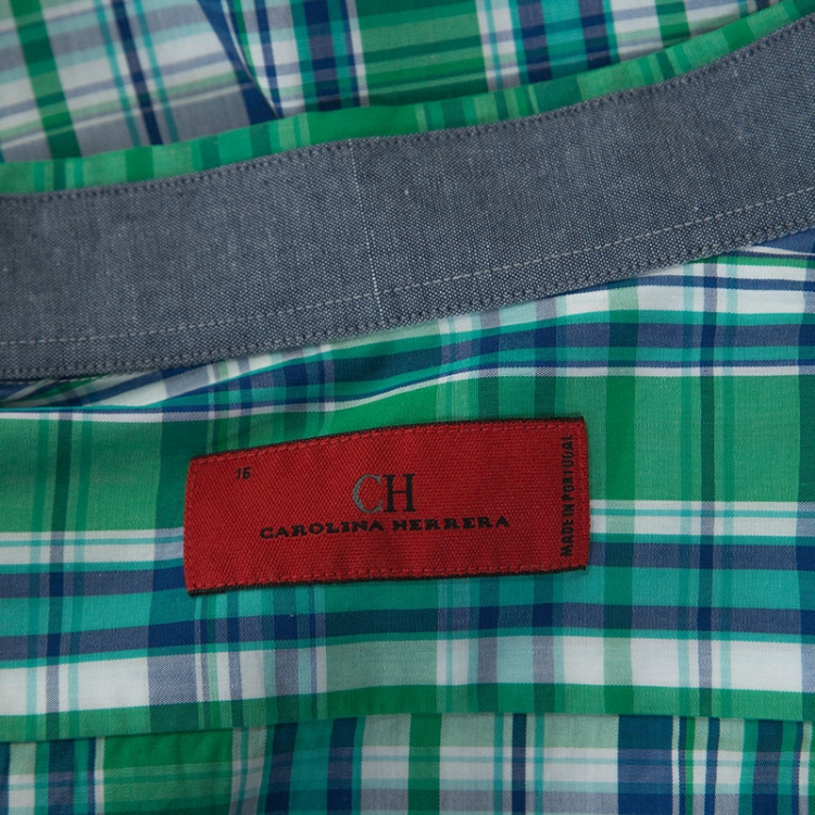 Pre Owned CH Carolina Herrera Green and Blue Cotton Madras Check Shirt L