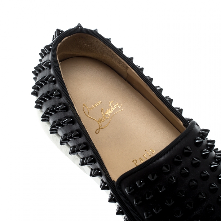 Pre Owned Christian Louboutin Black Leather Roller Boat Spiked Slip On Sneakers Size 41.5