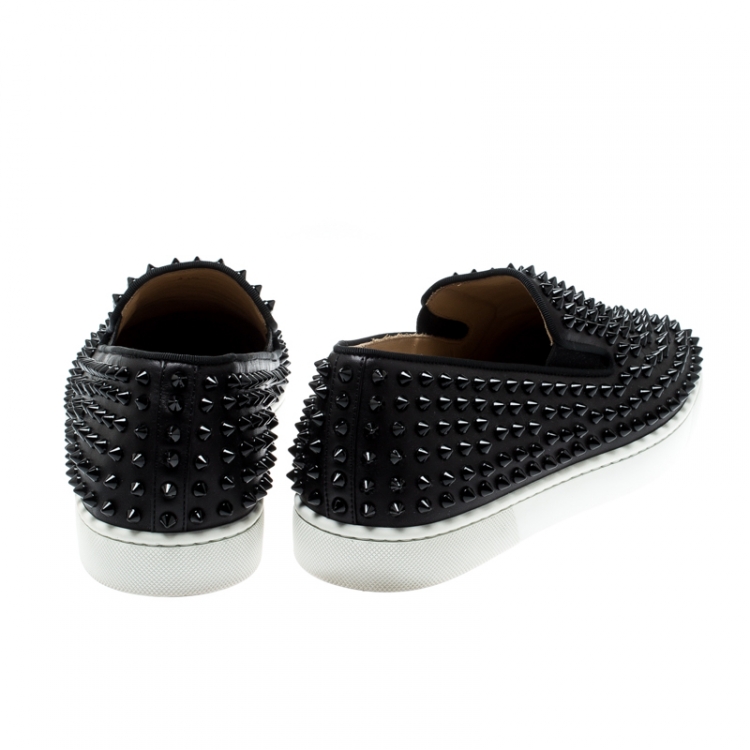 Pre Owned Christian Louboutin Black Leather Roller Boat Spiked Slip On Sneakers Size 41.5