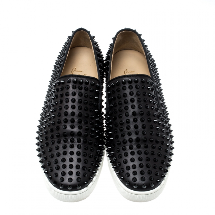 Pre Owned Christian Louboutin Black Leather Roller Boat Spiked Slip On Sneakers Size 41.5
