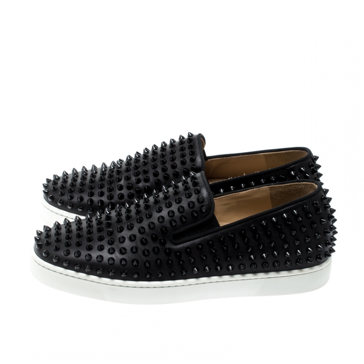 Pre Owned Christian Louboutin Black Leather Roller Boat Spiked Slip On Sneakers Size 41.5