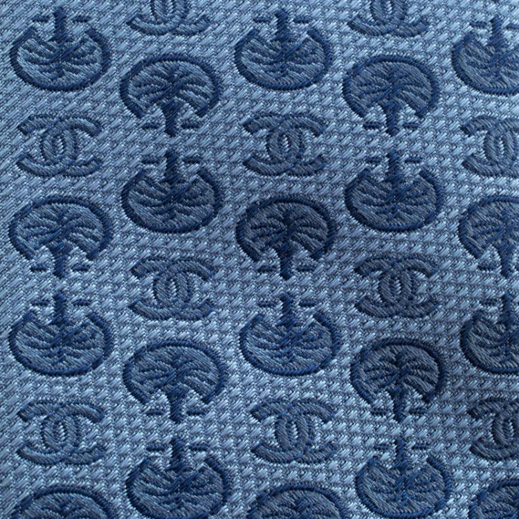 Pre Owned Chanel Blue CC and Palm Tree Pattern Jacquard Silk Tie