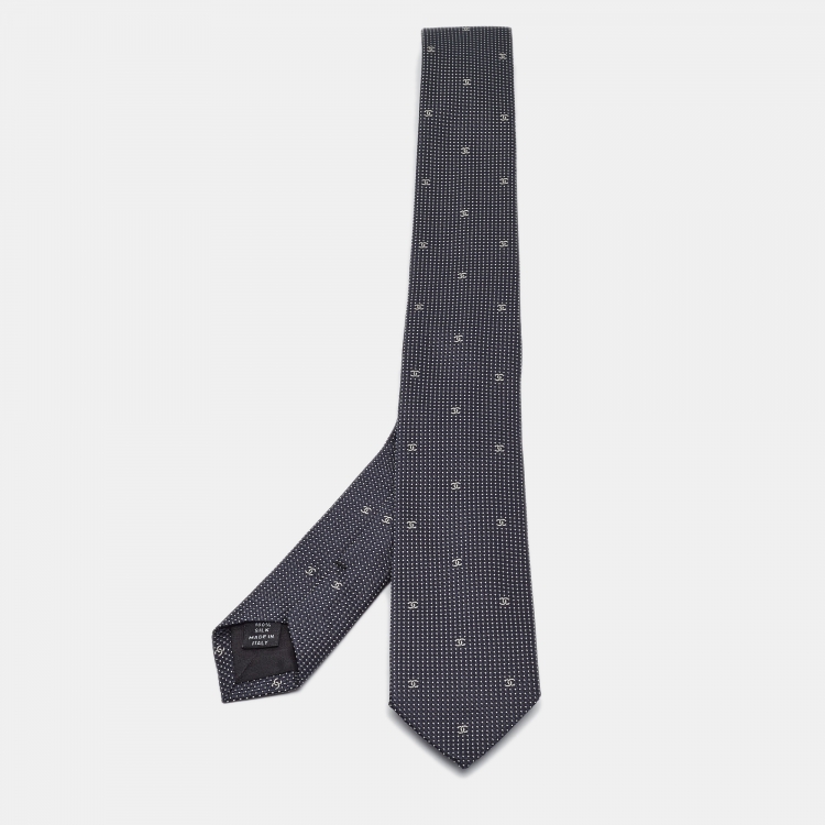 Pre Owned Chanel Navy Blue CC Silk Skinny Tie 