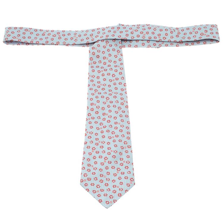 Pre Owned Chanel Light Blue Floral and Logo Woven Textured Silk Tie